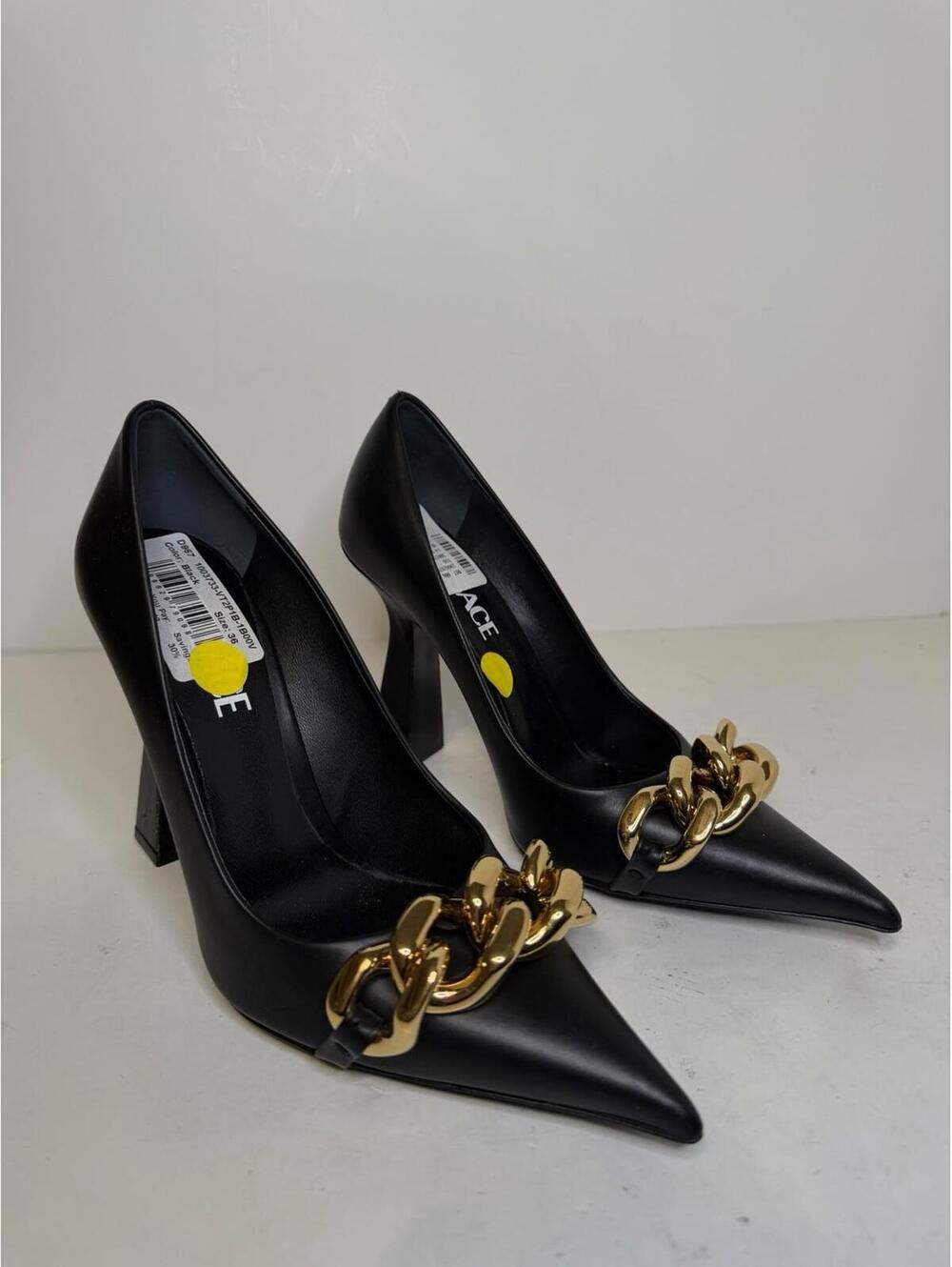 Versace Black Leather Medusa Chain Pointed Toe Block Heel Pumps Women’s 36